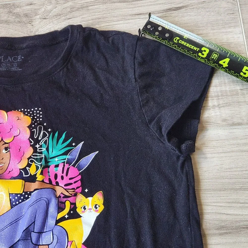 The Children's Place Cat Graphic Tee Girls XL 14 Black Cute Kitty Tropical Shirt